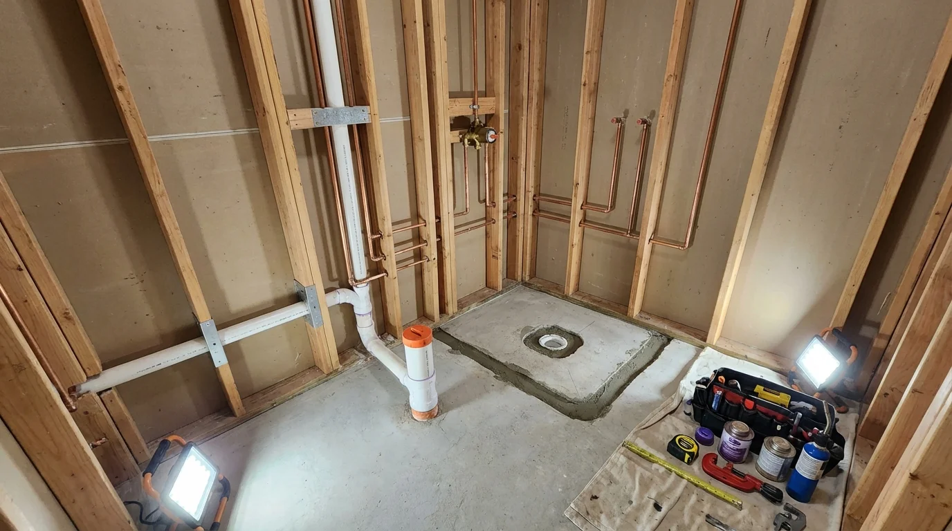 Bathroom rough-in plumbing during remodel by Johns Plumbing LLC in Brenham