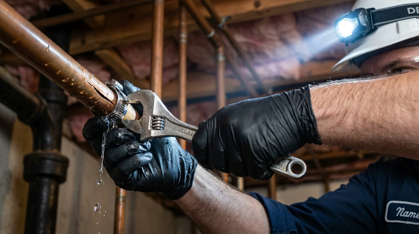 Emergency pipe clamp repair being performed by a Johns Plumbing LLC plumber in Brenham
