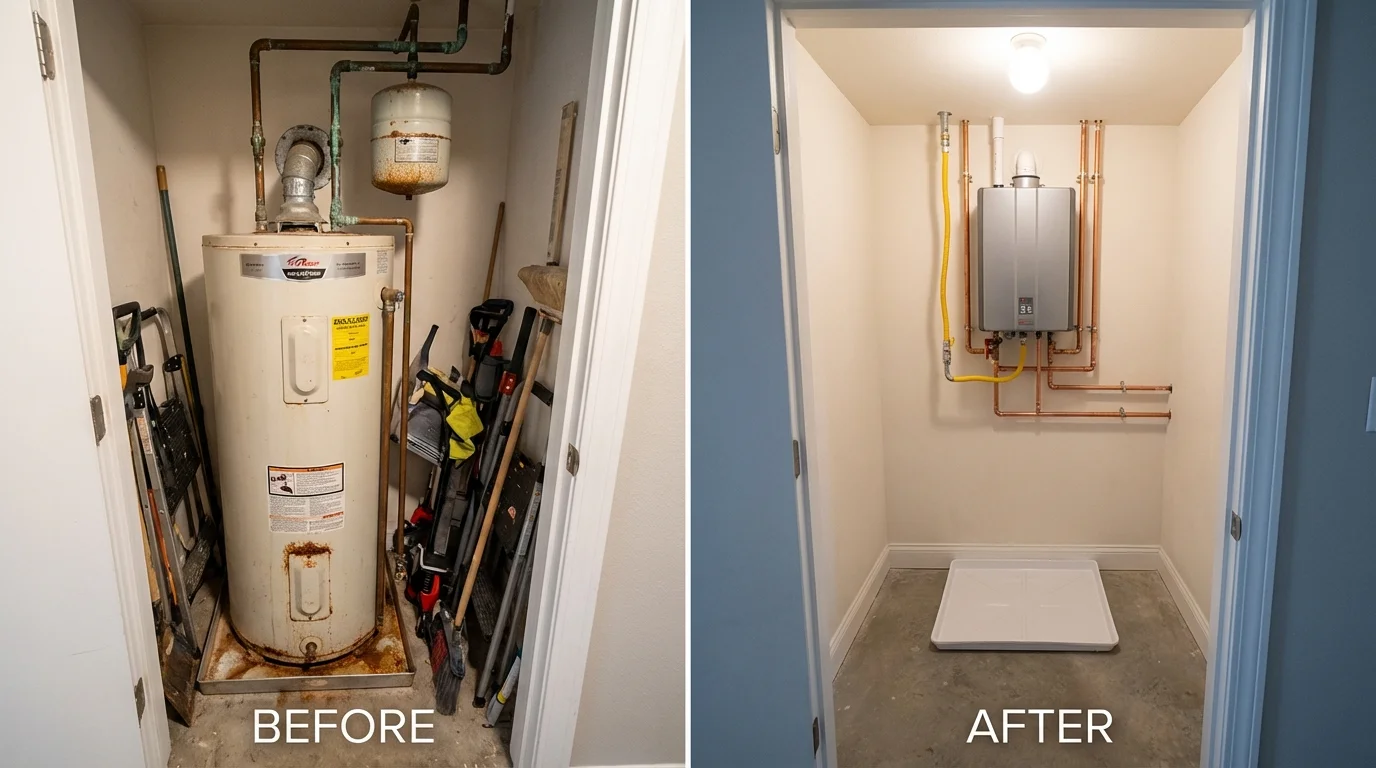 Tank water heater versus wall-mounted tankless unit comparison for Brenham, TX homeowners