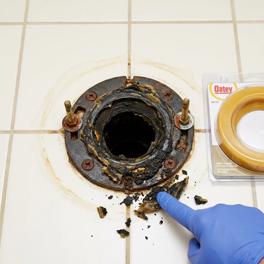 Failed wax ring showing water seepage at the base of a toilet in a Brenham, TX home