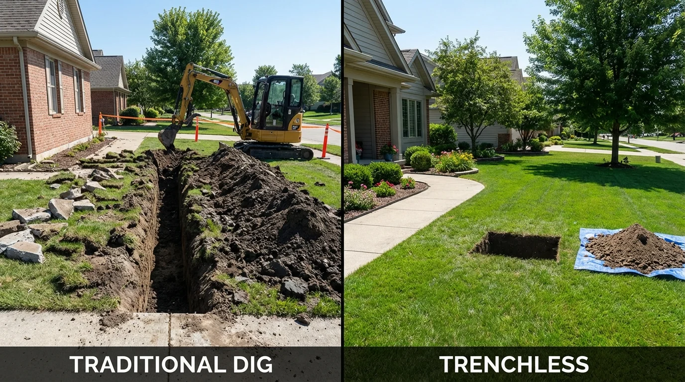 Trenchless sewer repair with minimal yard damage versus traditional excavation in Brenham, TX